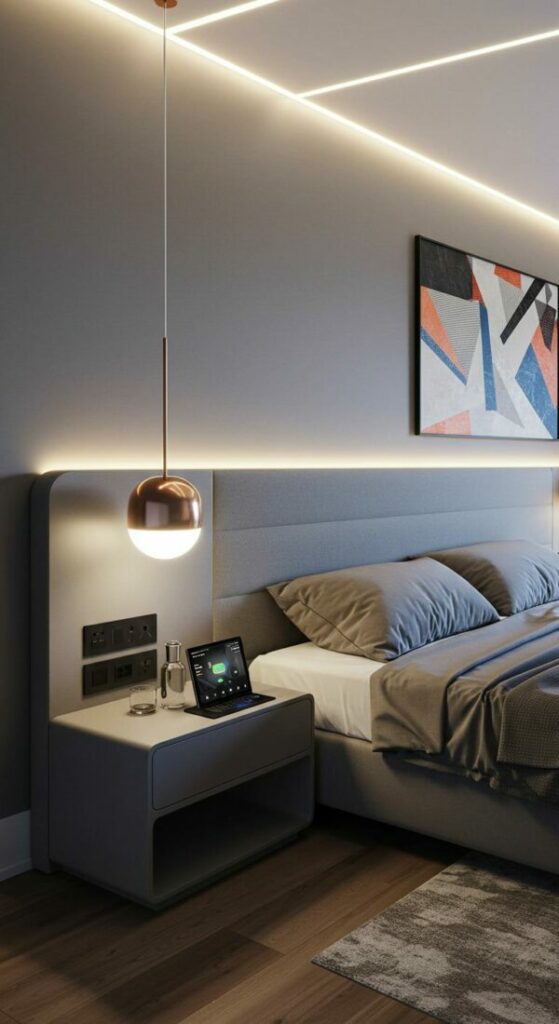 A smart bedroom with integrated technology, including a nightstand with a wireless charging station.