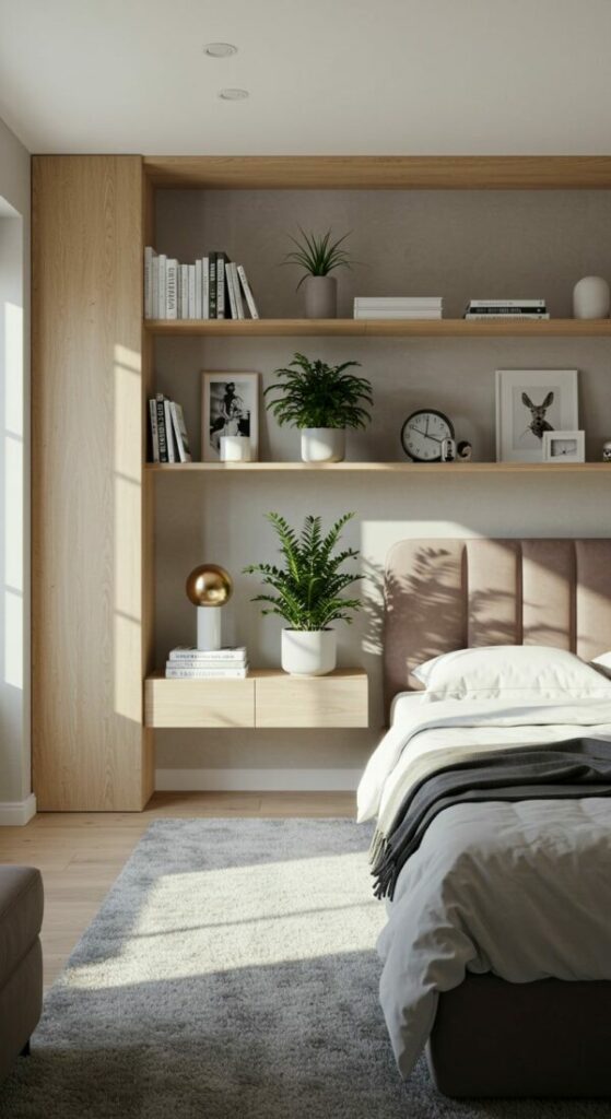 Modern bedroom with stylish open shelving used to display books, plants, and personal decor items.