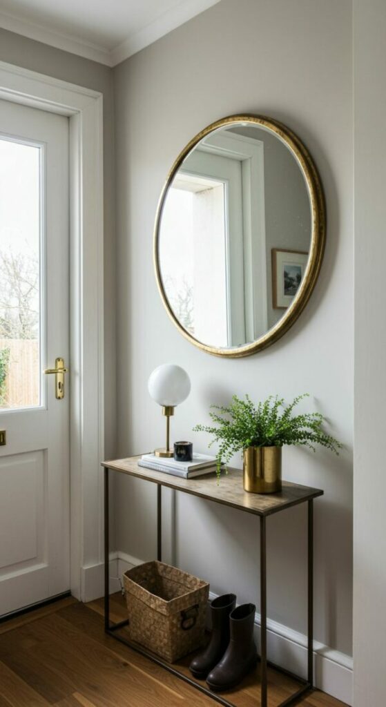 A decorative, round mirror used as wall art for small spaces, reflecting light and making a compact entryway feel brighter.