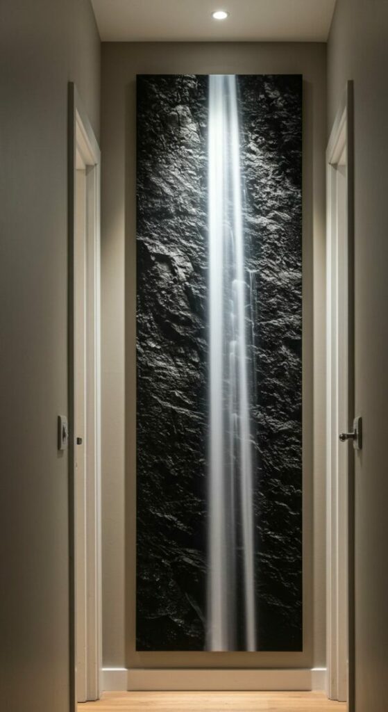 Tall, vertical wall art for narrow walls in a hallway, drawing the eye upward and creating a sense of height.