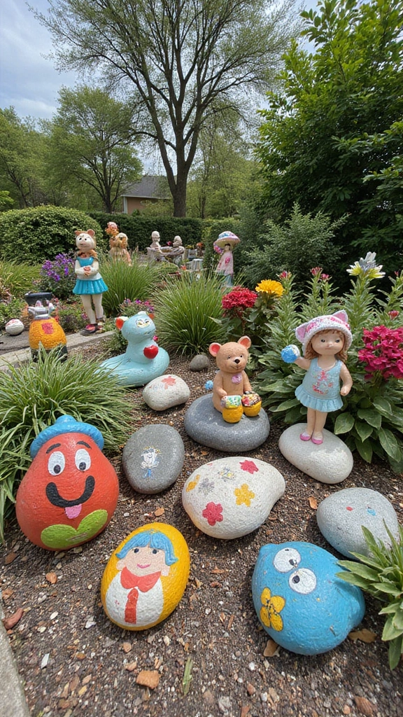 A small garden decorated with unique garden art, including a small sculpture and painted rocks.