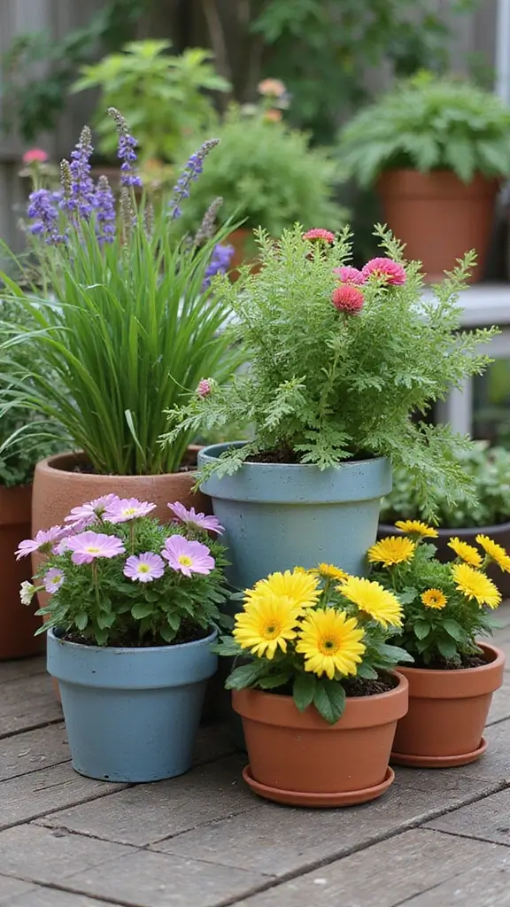 A vibrant collection of pots and planters used for container gardening on a small apartment balcony.