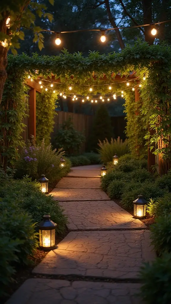 A small home garden at night, illuminated by magical string lights and solar-powered garden lighting.