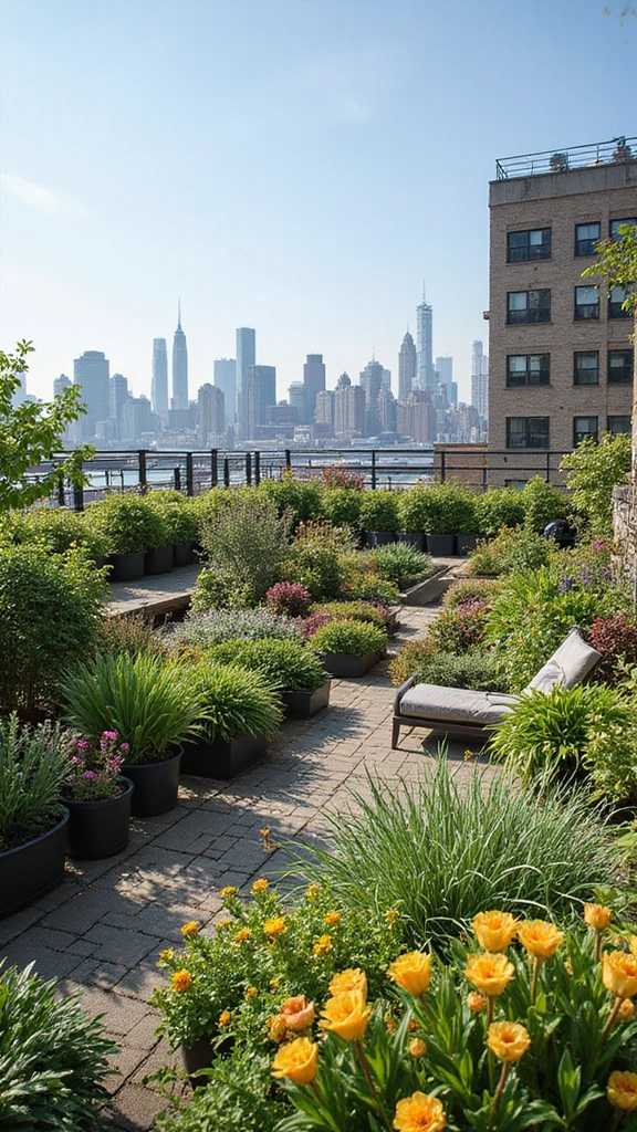 An urban rooftop garden with container plants and seating, a wonderful small urban garden idea.