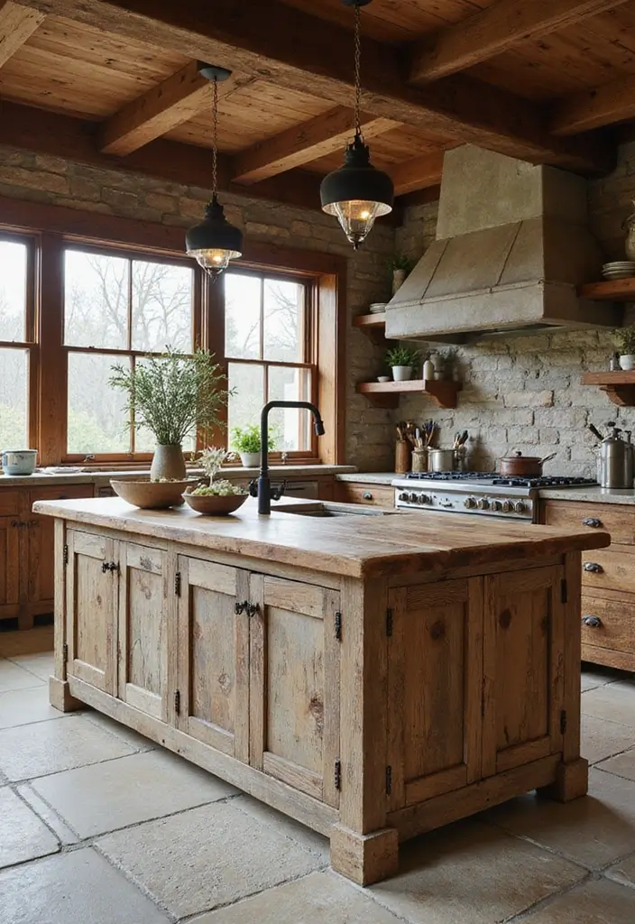 A kitchen island featuring natural elements, with a reclaimed wood base and a vase of fresh herbs on top.