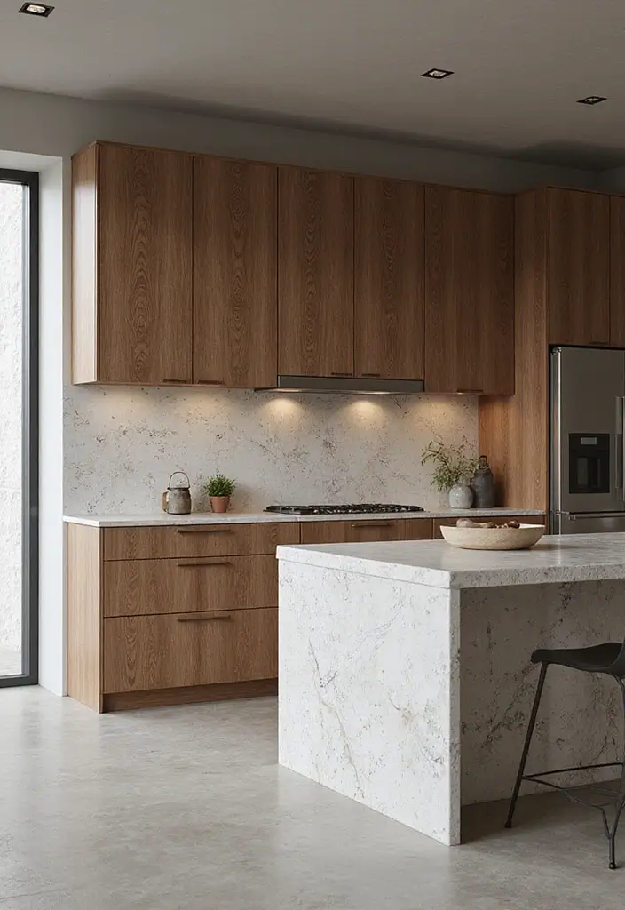 A kitchen island with a textured finish, like a fluted wood base or a leathered granite top.