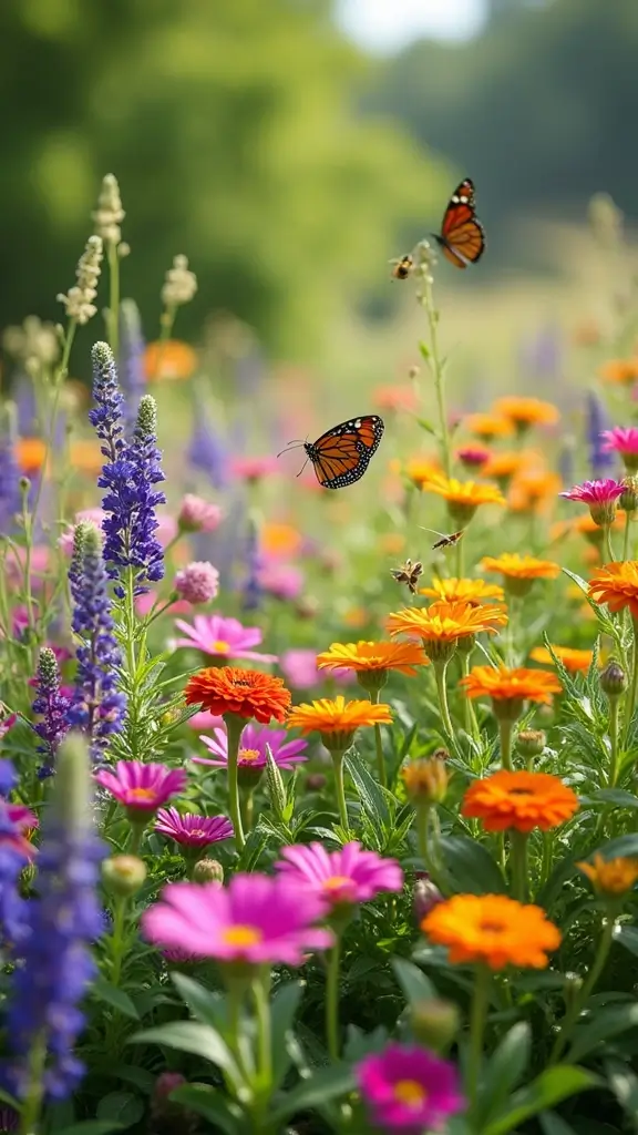 A colorful wildflower border in a small garden, attracting bees and butterflies.