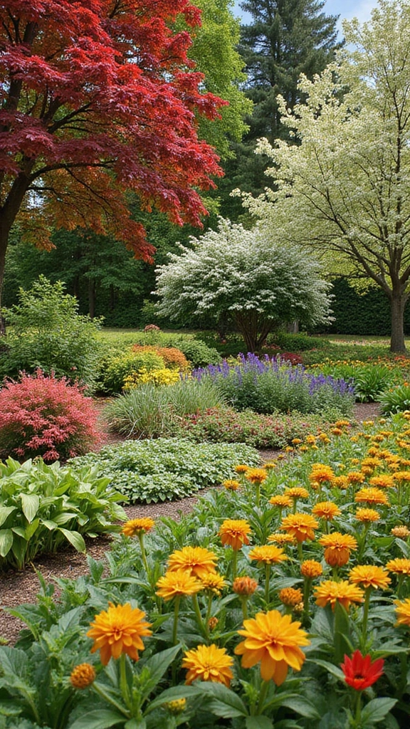A small garden showcasing seasonal planting with colorful spring flowers in full bloom.