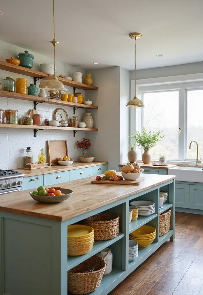 A kitchen island with open shelving on the end, displaying cookbooks and decorative bowls.