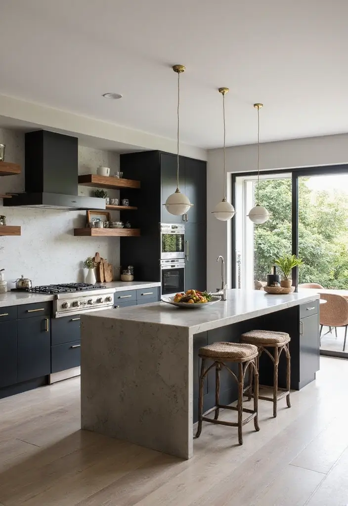 A kitchen island with a unique, asymmetrical shape, serving as an artistic focal point in the room.