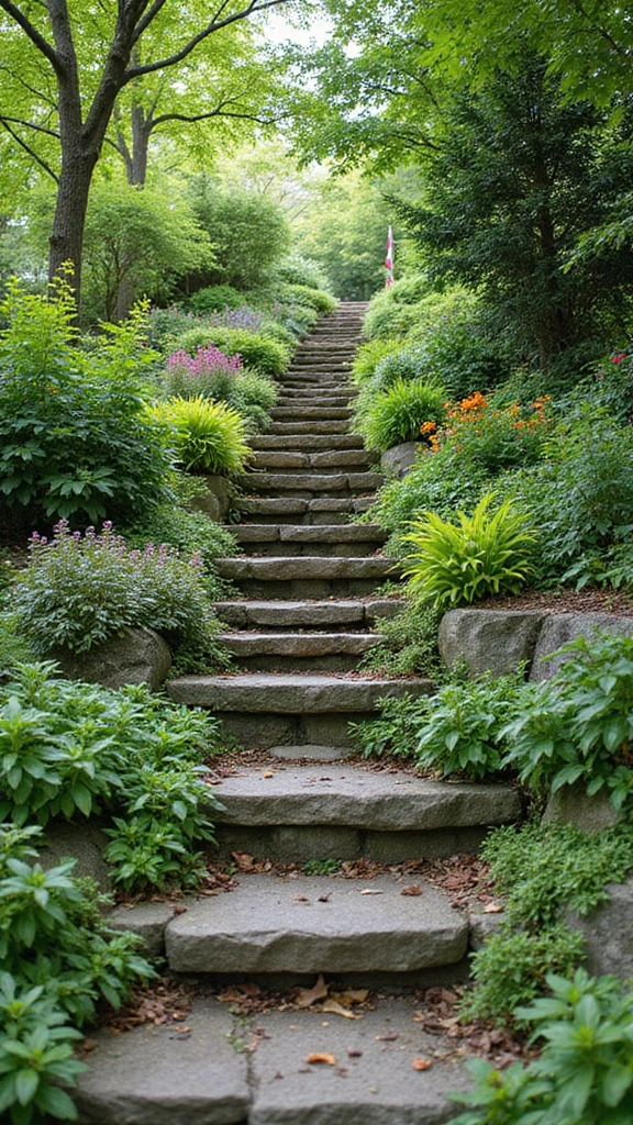 A creative garden staircase with potted plants on each step, one of the best small yard landscaping ideas.