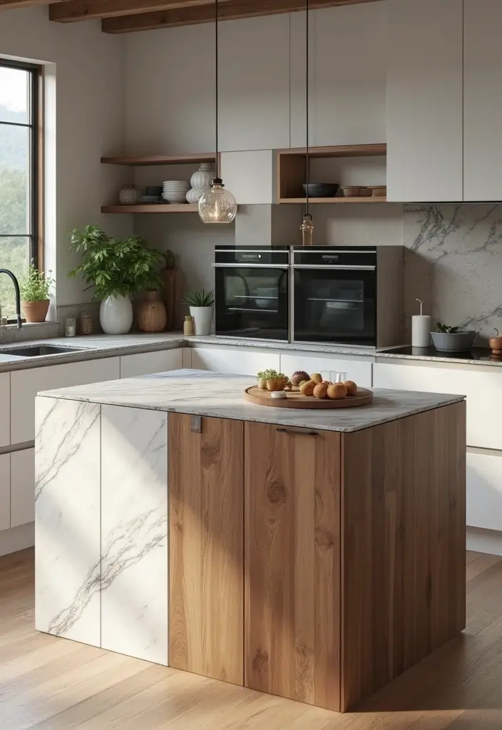 A kitchen island of mixed materials, combining a warm wood base with a cool white marble countertop.