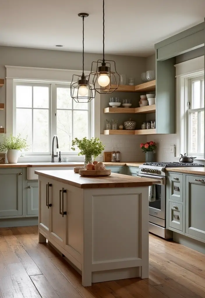 A kitchen island with farmhouse charm, featuring a butcher block top and distressed white base.