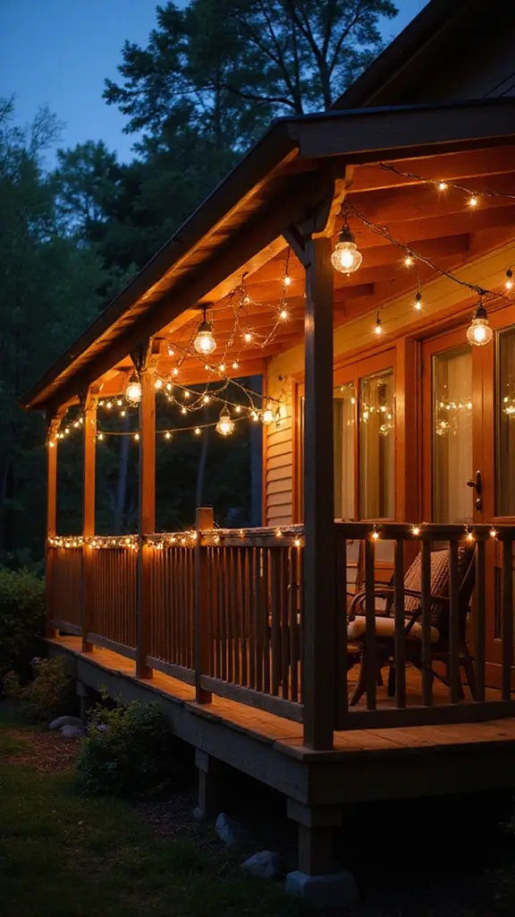 A small home garden at night, illuminated by magical string lights and solar-powered garden lighting.