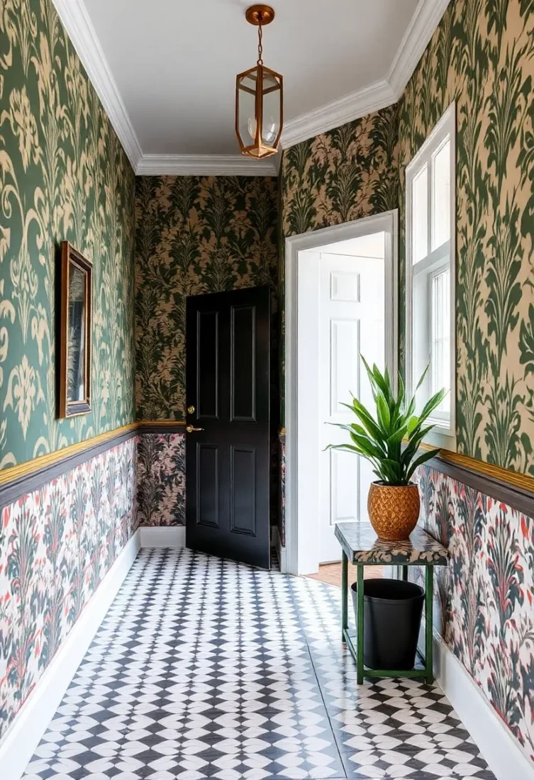A split level entryway with bold patterns, showing a geometric wallpaper on the main wall.
