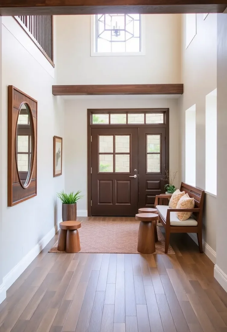 Welcoming seating in a split foyer, featuring a slim bench with cozy cushions.