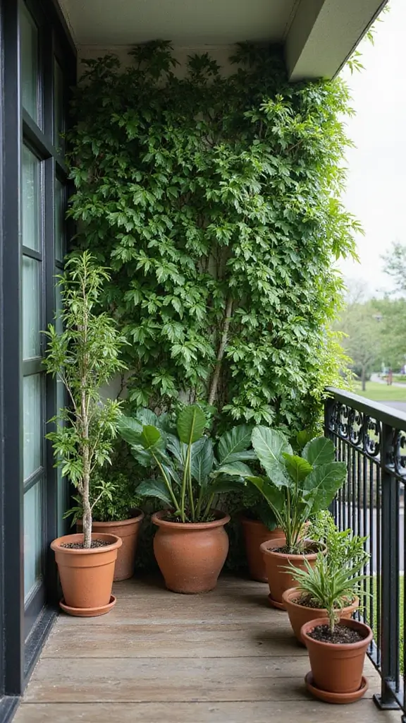 Tall potted plants used as a privacy screen on a balcony, a natural and beautiful decor idea.