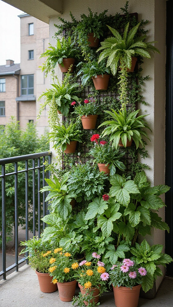 A lush vertical garden on a balcony wall, a perfect example of small home garden ideas for maximizing space.