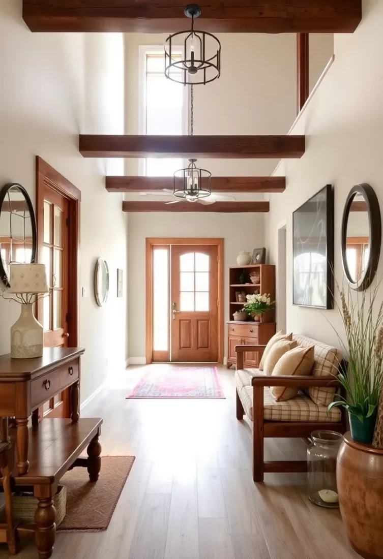 A split level entryway with rustic elements, including a reclaimed wood bench and wrought iron hooks.