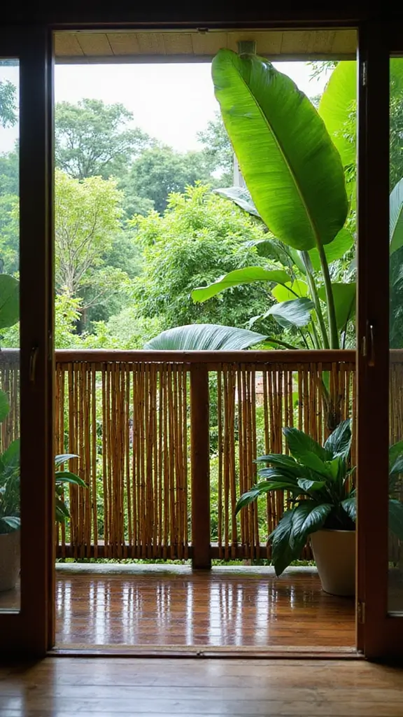 A balcony with bamboo fencing used as a privacy screen, creating a tropical retreat vibe.