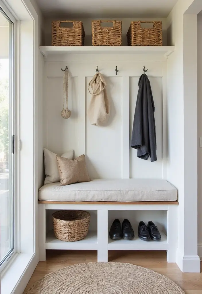 A split level entryway with stylish storage solutions, including a bench with hidden compartments and wall hooks.