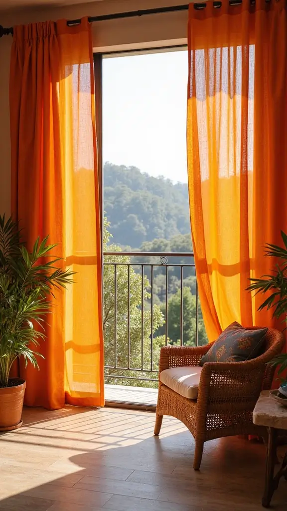 Flowing outdoor curtains providing soft elegance and privacy on a beautifully decorated balcony.