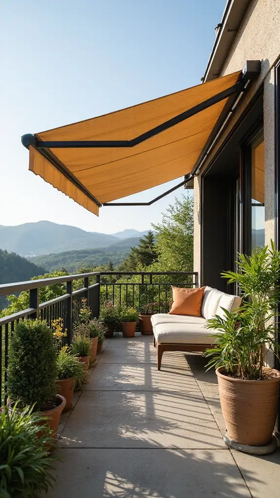 A retractable awning extended over a balcony, providing shade and privacy from above.