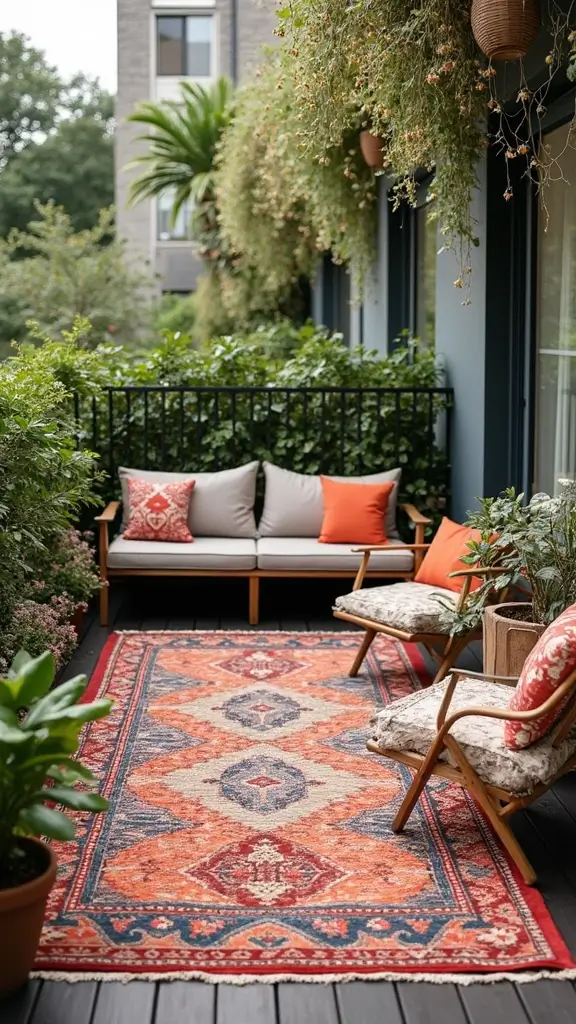 A stylish outdoor rug on a balcony floor, a cozy decor idea that also adds privacy.