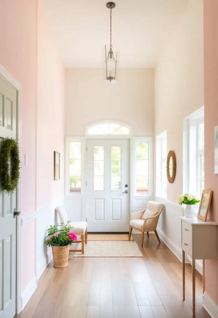A bright and airy split level entryway painted in a soft, light color to make the space feel bigger.