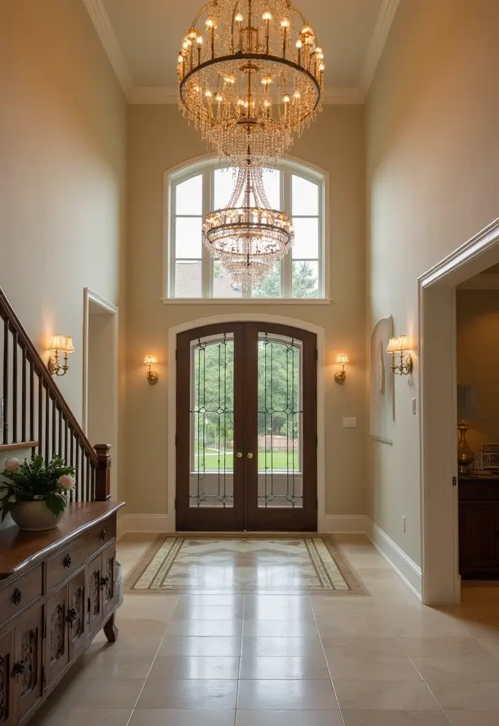 A statement lighting fixture, like a modern chandelier, hanging in a split level entryway.