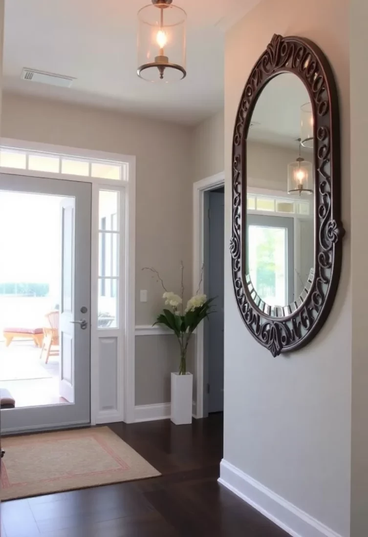 A large, stylish mirror in a small split foyer, using mirror magic to make the entryway feel larger.