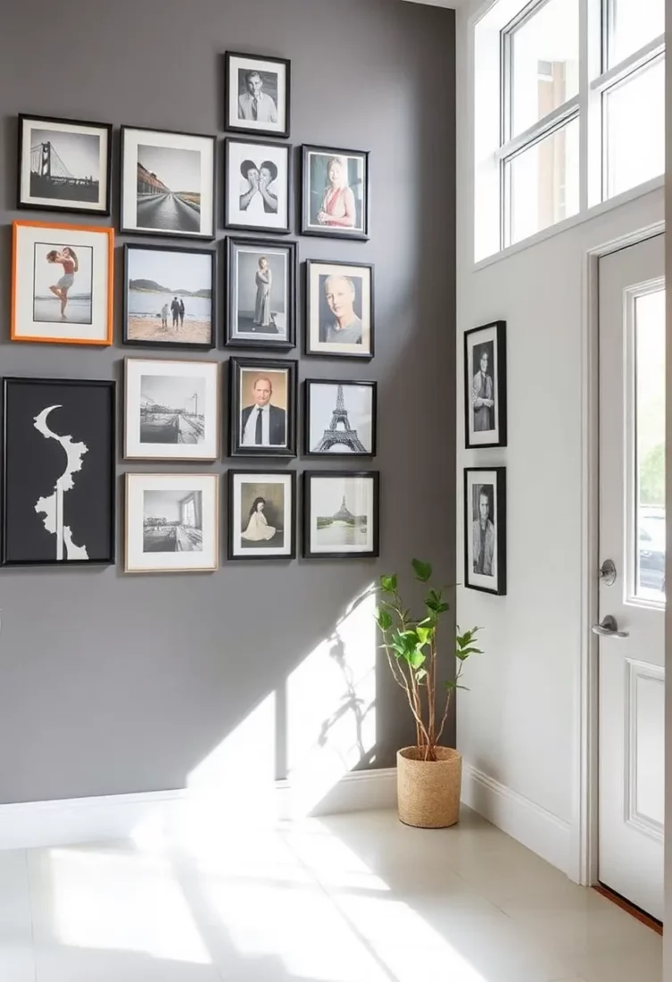 An artful display on a gallery wall going up the stairs of a split level entryway.