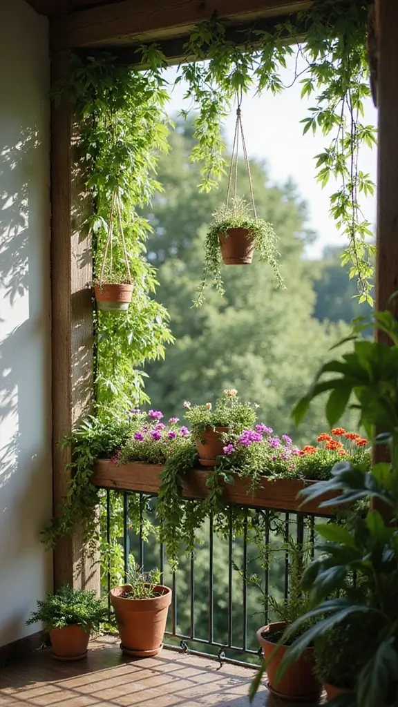 A beautiful hanging garden on a balcony, using vertical space for privacy and decoration.