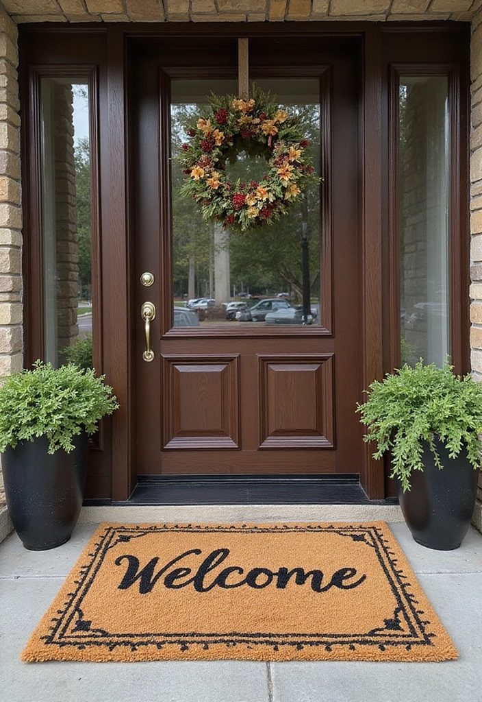 A personalized welcome mat at the front door of a split level home, a welcoming entryway idea.