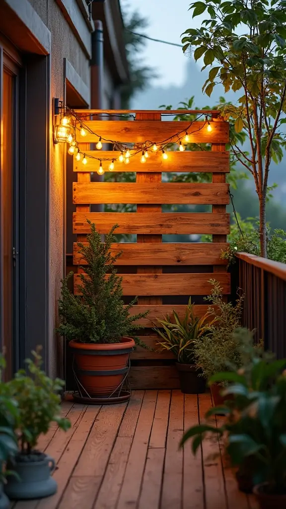A DIY privacy screen made from wood pallets on a balcony, a rustic and affordable decor idea.