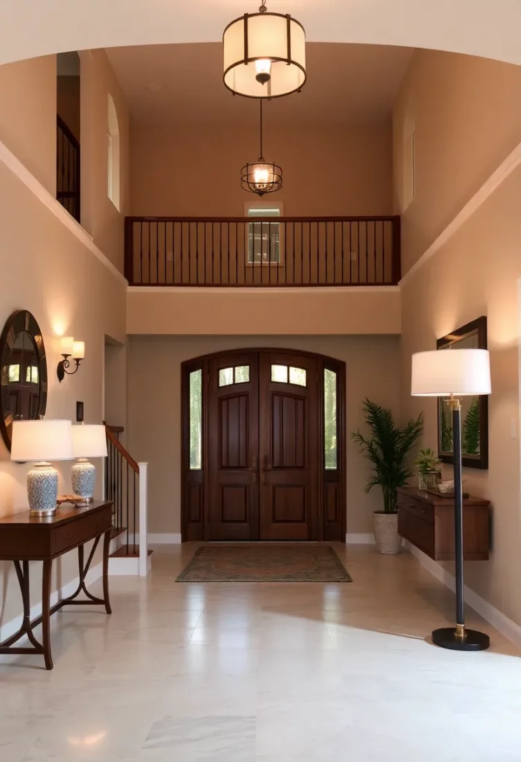 An entryway with layered lighting, showing a mix of a ceiling fixture, a table lamp, and wall sconces.