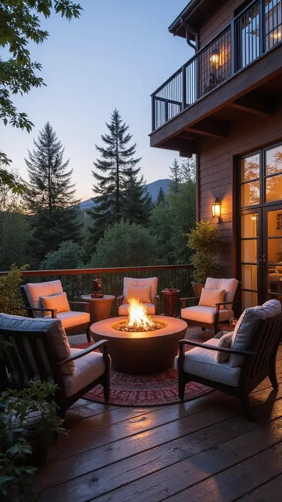 A small, safe fire pit on a balcony, creating a warm gathering spot for cool evenings.