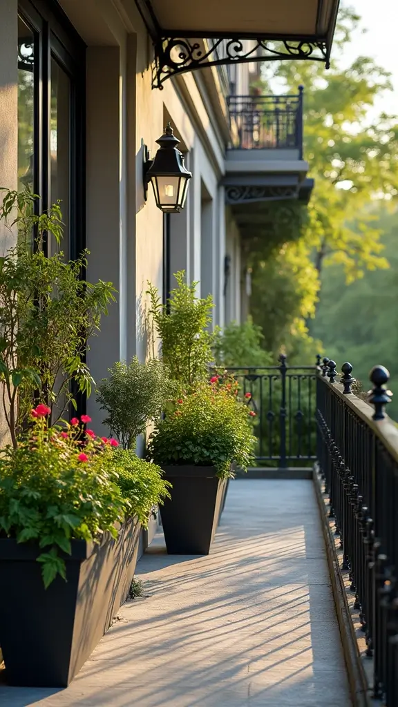 High planters on a balcony railing, creating a treetop view and providing natural privacy.