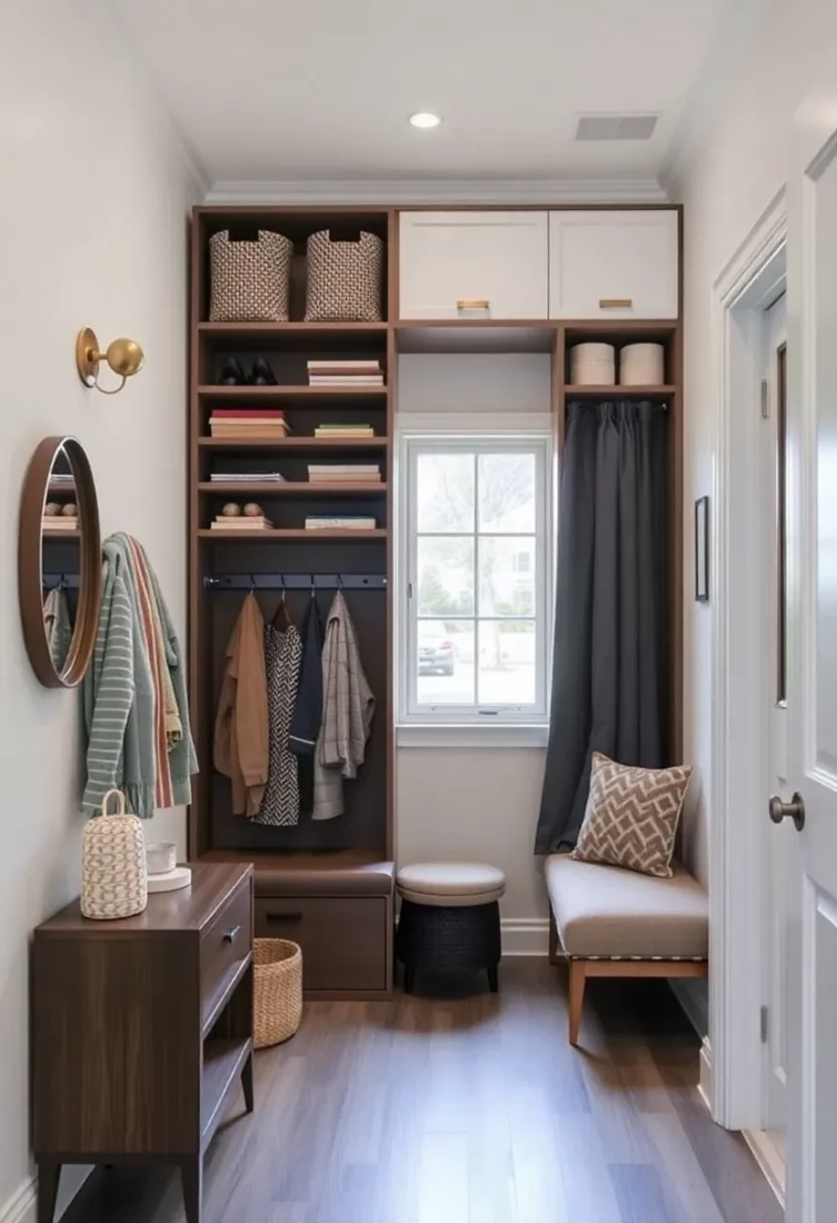 A split level entryway with a creative use of space, including tall, narrow shelves for vertical storage.