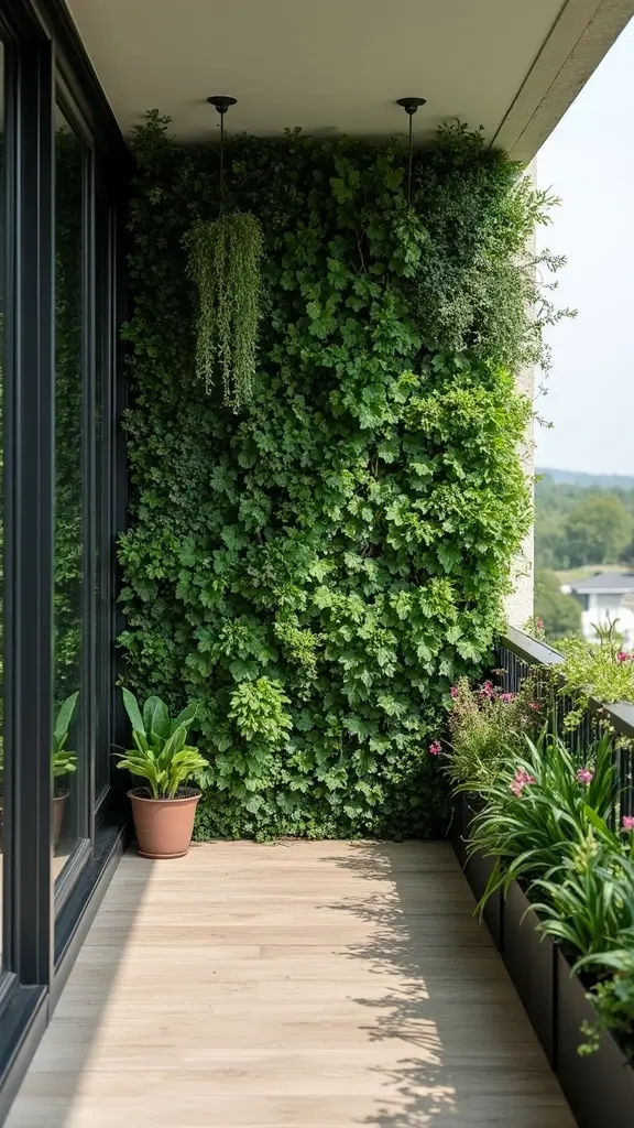 A stunning living green wall on a small urban balcony, an impressive and modern privacy idea.