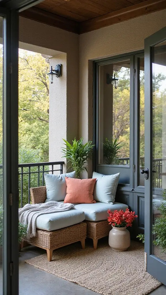 A cozy nook on a balcony with L-shaped corner furniture, a perfect private retreat.