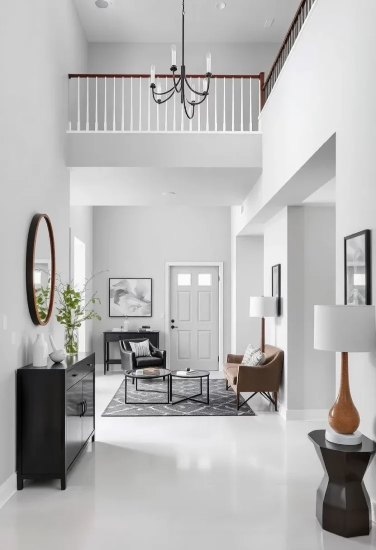 A split level entry with monochrome magic design, using shades of gray, black, and white.