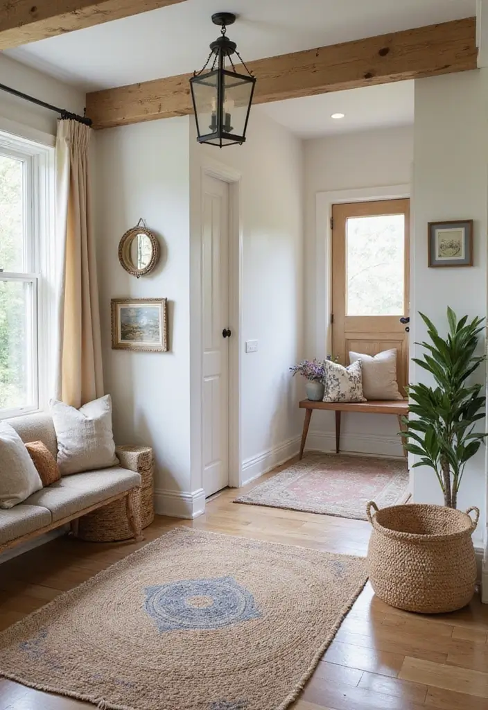 An entryway with cozy textures, including a soft runner rug on the stairs and a woven basket.