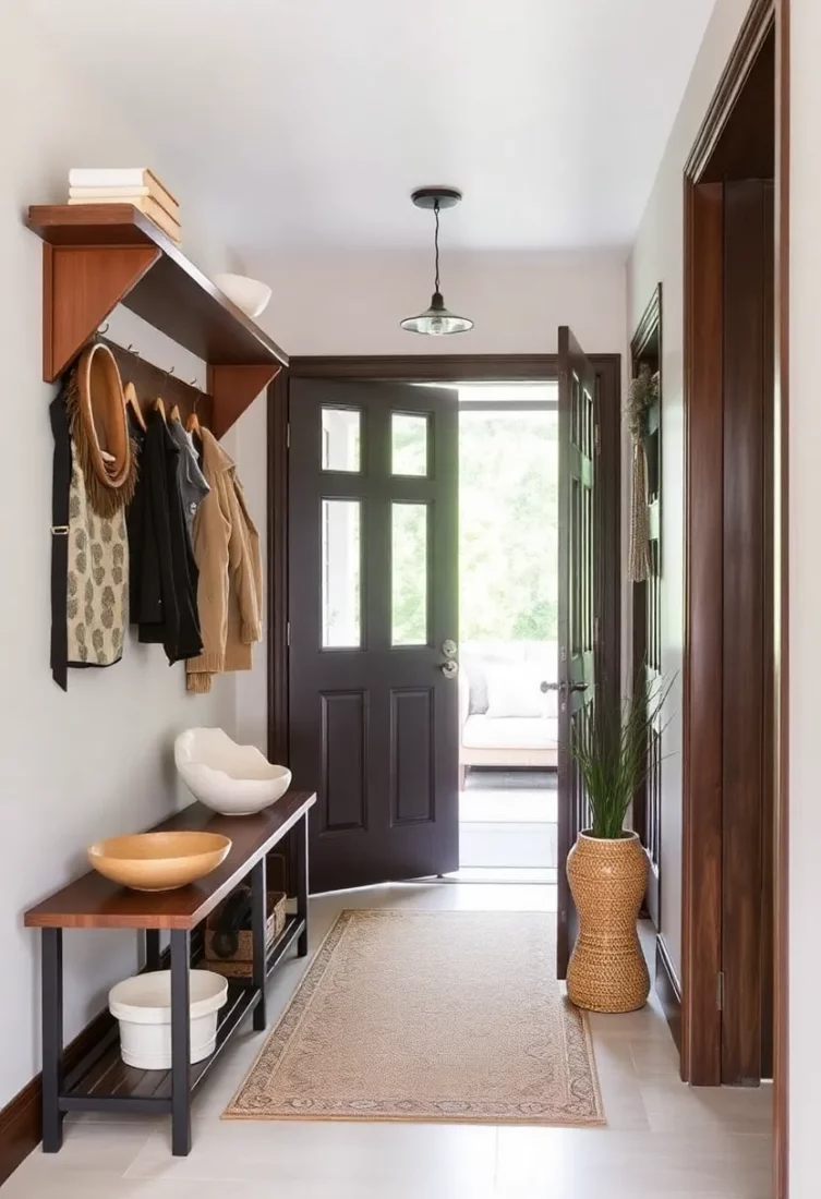 A console table in an entryway with welcoming accessories like a key bowl, a small plant, and a candle.