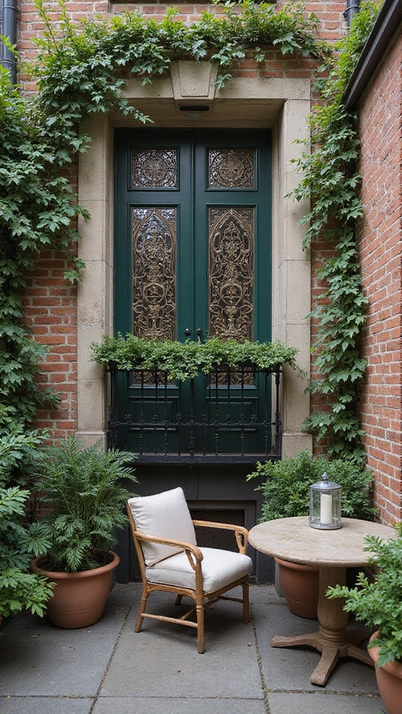 A decorative laser-cut metal screen used for balcony privacy, casting beautiful shadows.