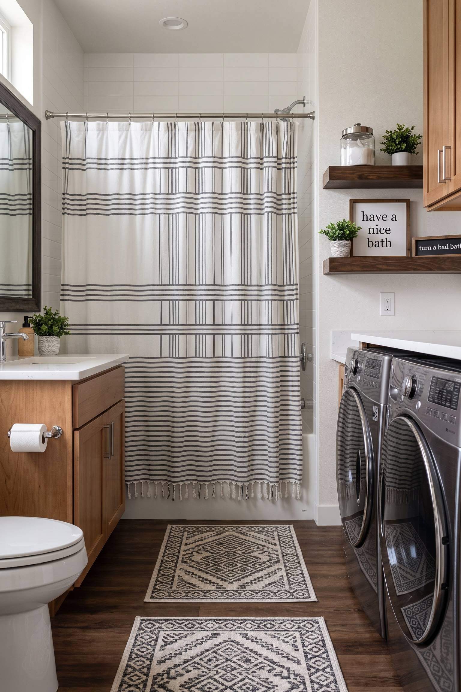 A cozy boho bathroom featuring a black and white striped shower curtain next to front-loading laundry machines.