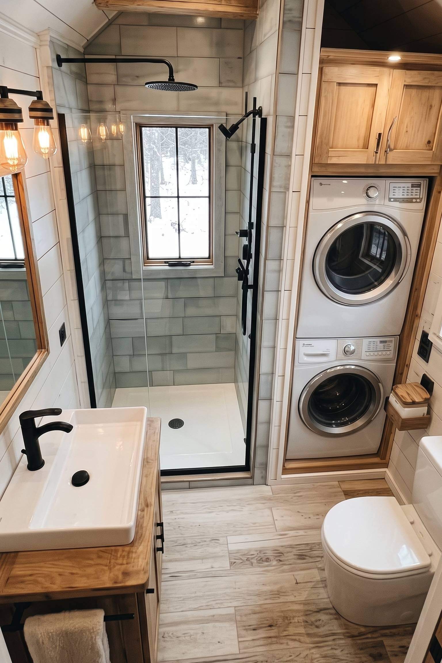 A sunlit A-frame cabin bathroom with light pine cabinetry housing a stacked washer and dryer next to a walk-in shower.
