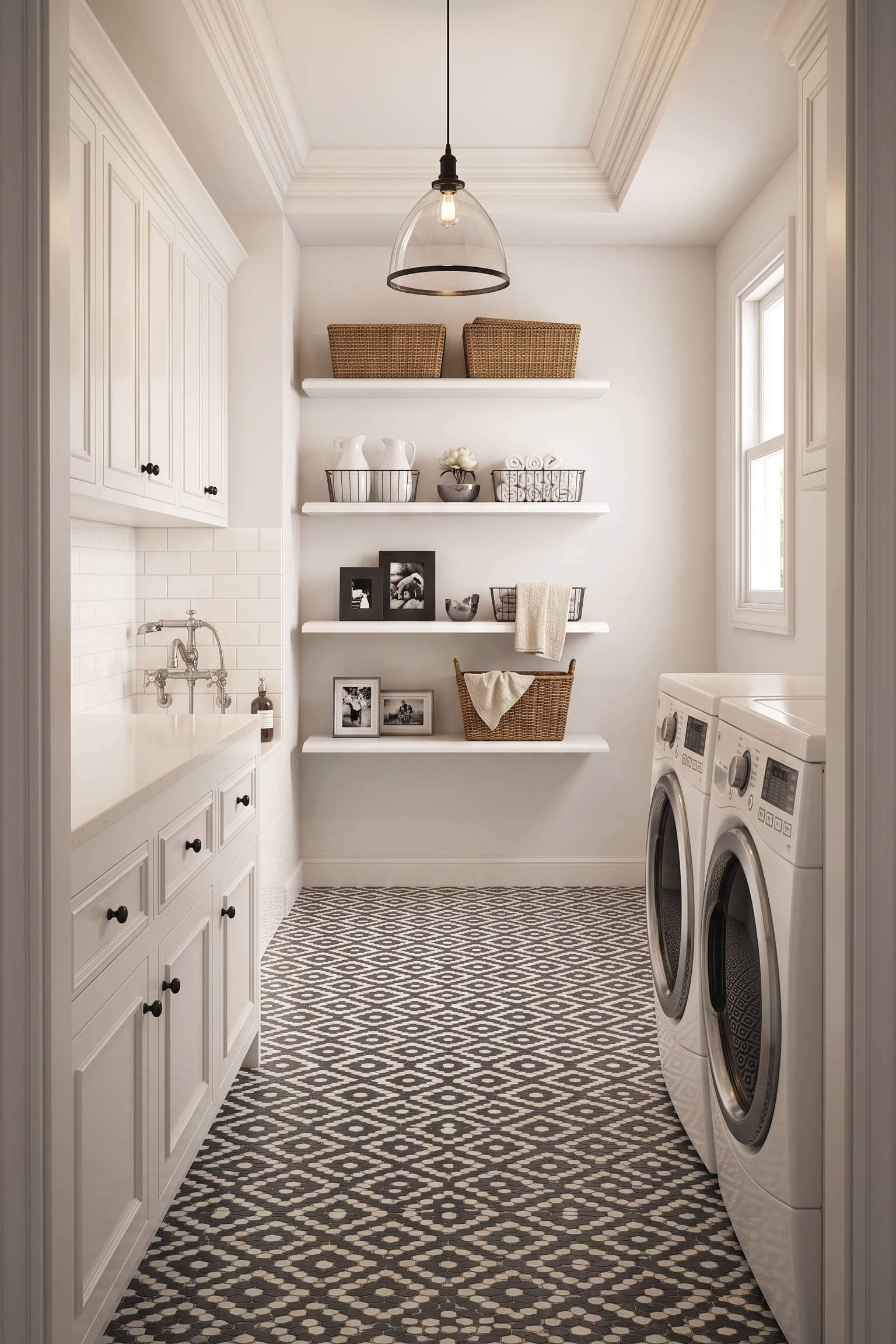 A classic laundry room bathroom combo featuring white shaker cabinets, floating shelves, and patterned floor tile.