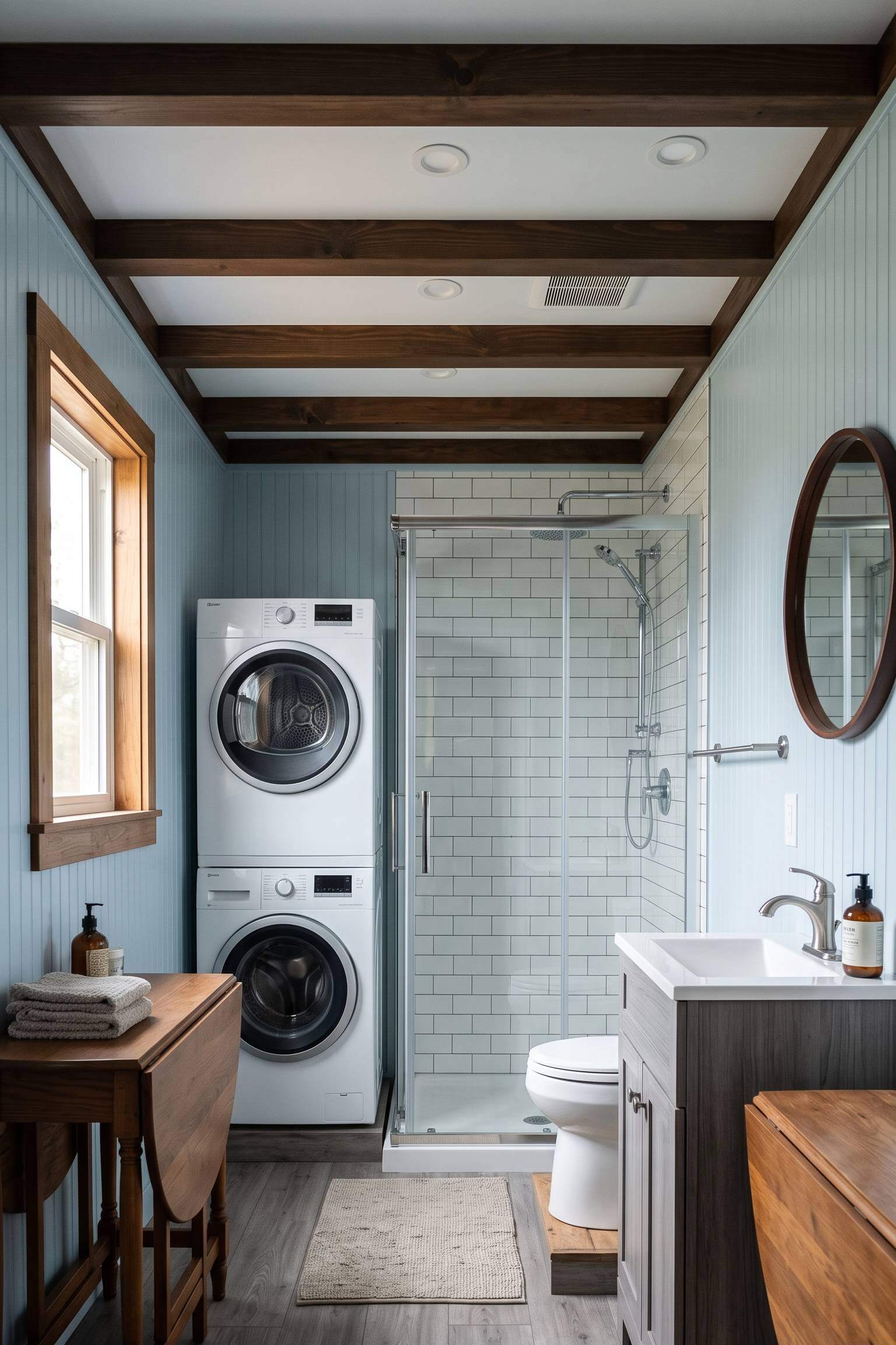 Light blue board and batten walls in a coastal bathroom featuring a stacked washer and dryer and a glass shower
