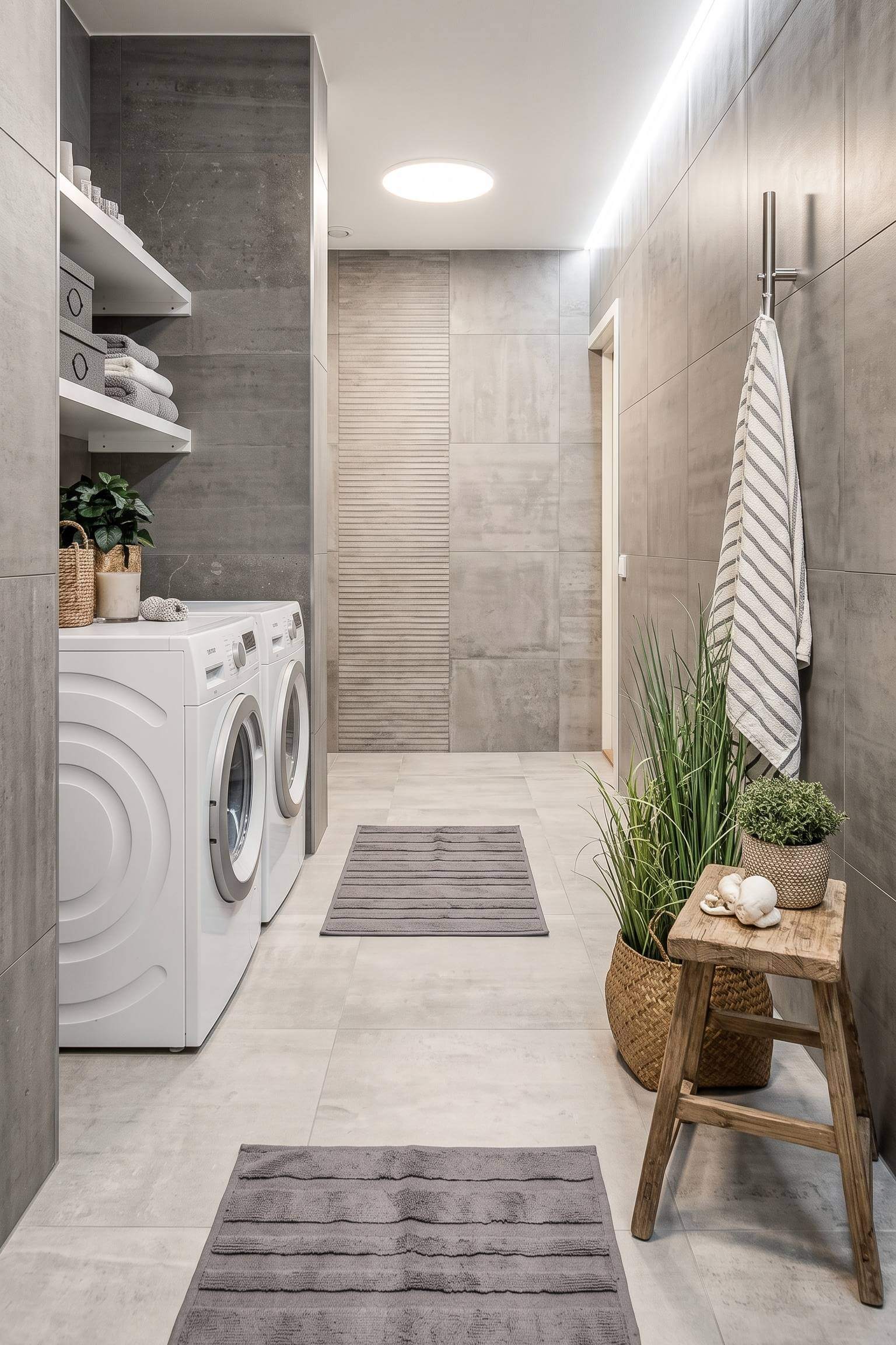 A minimalist bathroom featuring large gray concrete tiles, white laundry machines, and a wooden accent stool